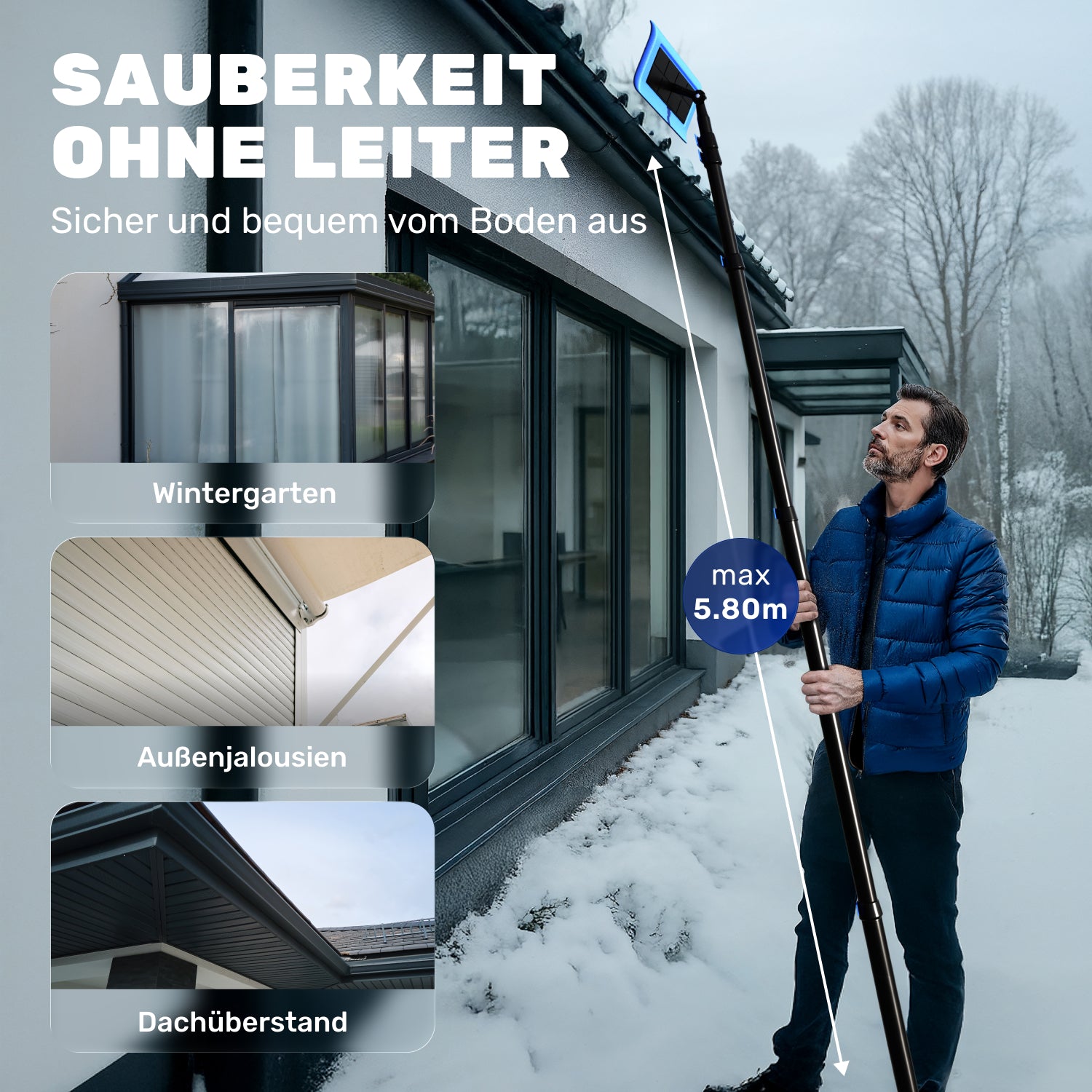 Teleskop Waschbürste 5,8 m – All-in-One Reinigungsset mit 5 Aufsätzen für PV Anlage, Wintergarten, Dachrinne & Terrassendach