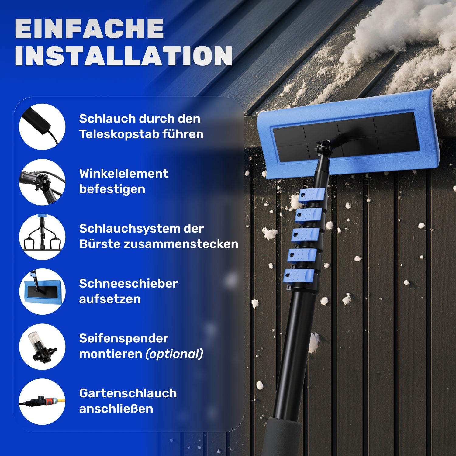 Teleskop Waschbürste 5,8 m – All-in-One Reinigungsset mit 5 Aufsätzen für PV Anlage, Wintergarten, Dachrinne & Terrassendach