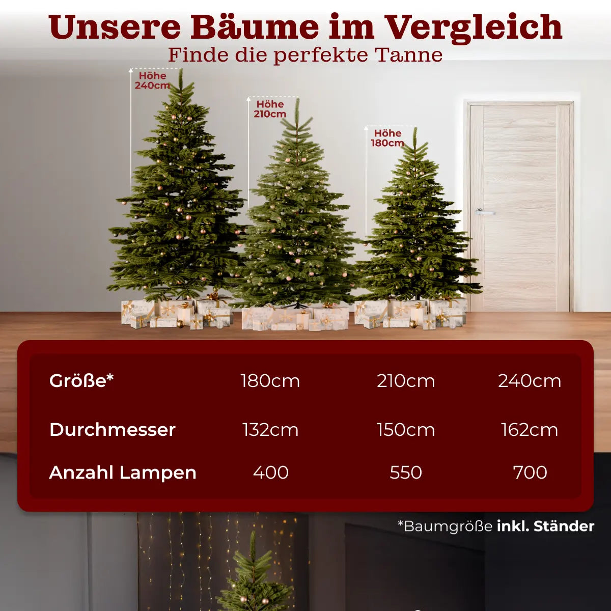 Künstlicher Weihnachtsbaum 180cm - 240cm mit integrierter Lichterkette - Nordmanntanne wie echt!