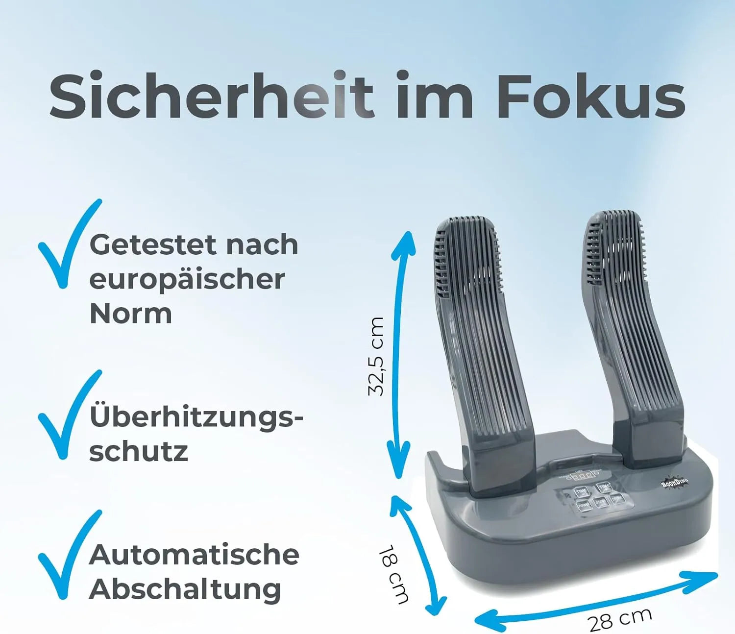 Sicherere elektrischer Schuhtrockner - gemäß EU Norm getestet - mit Überhitzungsschutz und automatischer Abschaltung