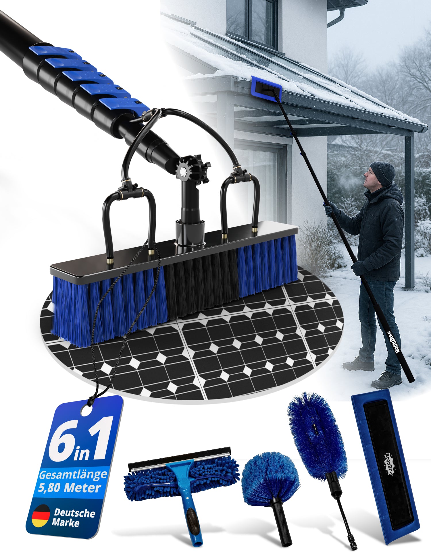 Teleskop Waschbürste 5,8 m – All-in-One Reinigungsset mit 5 Aufsätzen für PV Anlage, Wintergarten, Dachrinne & Terrassendach