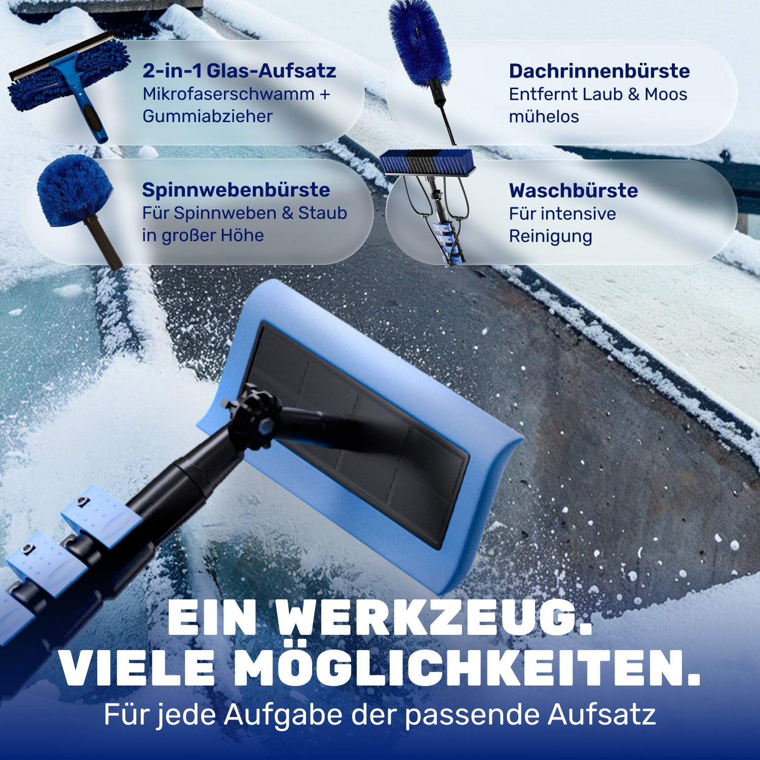 Teleskop Waschbürste 5,8 m – All-in-One Reinigungsset mit 5 Aufsätzen für PV Anlage, Wintergarten, Dachrinne & Terrassendach